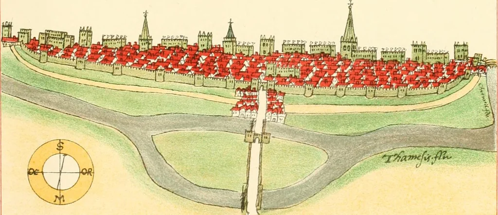 An illustration from The particular description of England. 1588. With views of some of the chief towns and armorial bearings of nobles and bishops, 1879, leaf 146