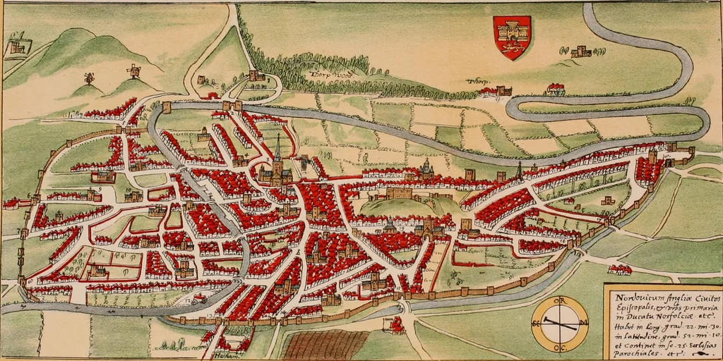 An illustration from The particular description of England. 1588. With views of some of the chief towns and armorial bearings of nobles and bishops, 1879, leaf 153