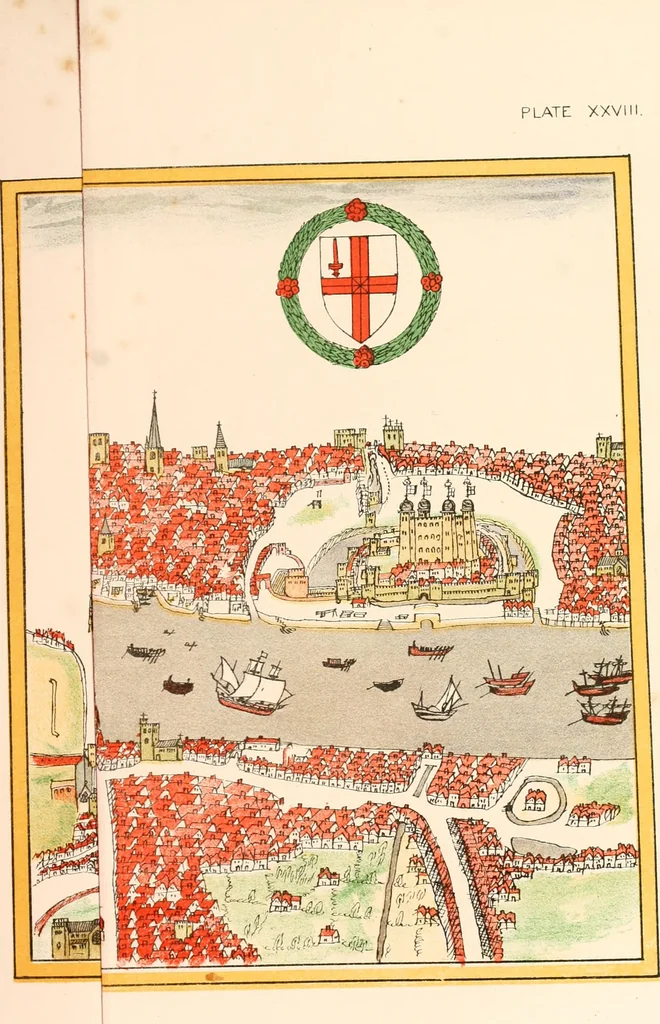 An illustration from The particular description of England. 1588. With views of some of the chief towns and armorial bearings of nobles and bishops, 1879, leaf 154