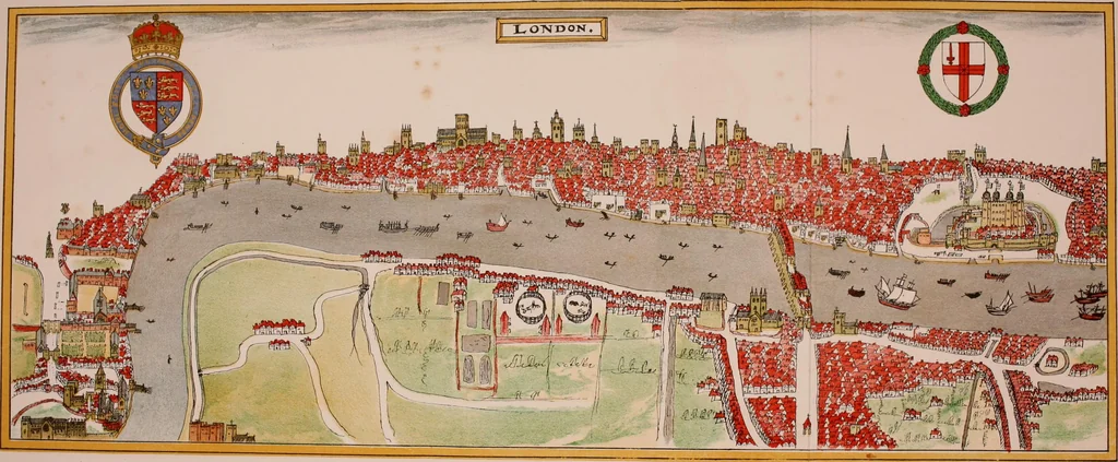 An illustration from The particular description of England. 1588. With views of some of the chief towns and armorial bearings of nobles and bishops, 1879, leaf 155