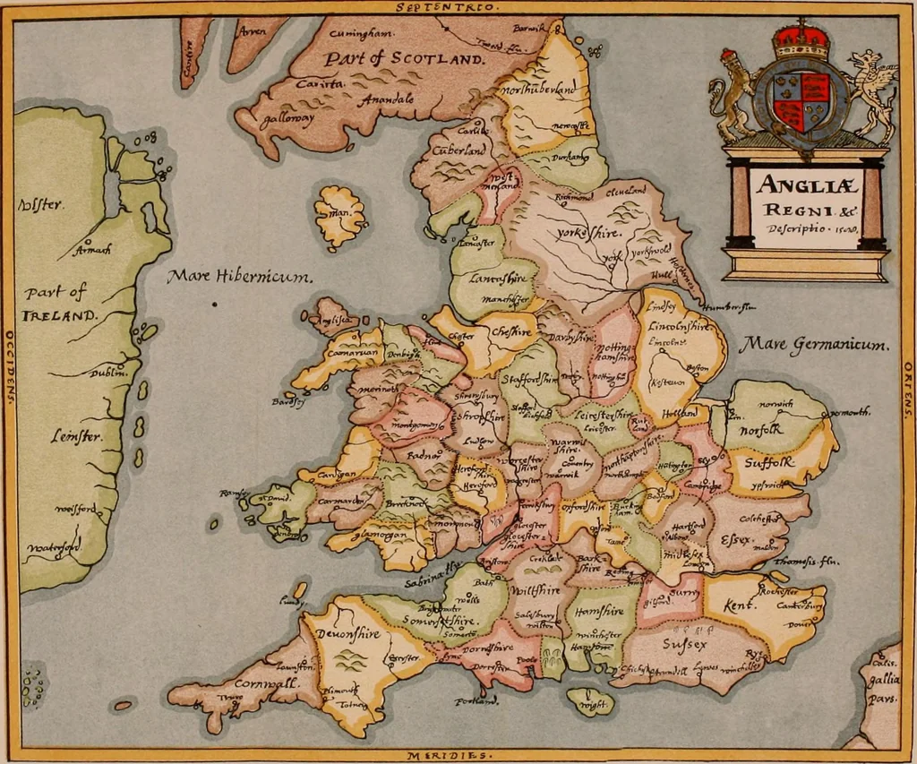 An illustration from The particular description of England. 1588. With views of some of the chief towns and armorial bearings of nobles and bishops, 1879, leaf 7