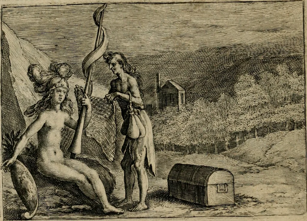 An illustration from Emblemata Florentii Schoonhovii I.C. Goudani, partim moralia, partim etiam civilia. Cum latiori eorundem ejusdem auctoris interpretatione. Accedunt et alia quaedam poëmatia in alijs poëmatum suorum libris non contenta, 1618, leaf 129