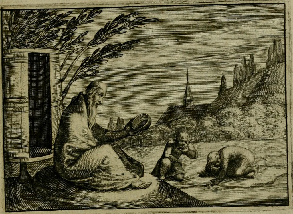 An illustration from Emblemata Florentii Schoonhovii I.C. Goudani, partim moralia, partim etiam civilia. Cum latiori eorundem ejusdem auctoris interpretatione. Accedunt et alia quaedam poëmatia in alijs poëmatum suorum libris non contenta, 1618, leaf 142