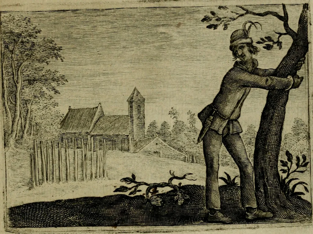 An illustration from Emblemata Florentii Schoonhovii I.C. Goudani, partim moralia, partim etiam civilia. Cum latiori eorundem ejusdem auctoris interpretatione. Accedunt et alia quaedam poëmatia in alijs poëmatum suorum libris non contenta, 1618, leaf 156