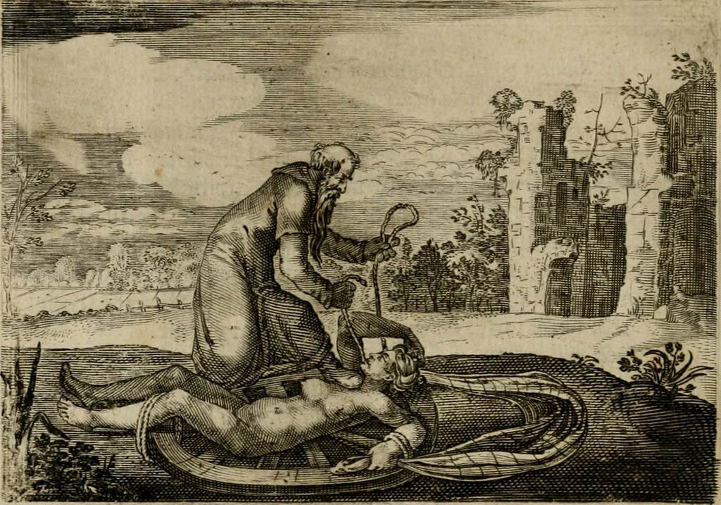 An illustration from Emblemata Florentii Schoonhovii I.C. Goudani, partim moralia, partim etiam civilia. Cum latiori eorundem ejusdem auctoris interpretatione. Accedunt et alia quaedam poëmatia in alijs poëmatum suorum libris non contenta, 1618, leaf 25