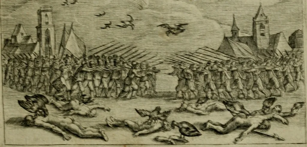 An illustration from Emblemata Florentii Schoonhovii I.C. Goudani, partim moralia, partim etiam civilia. Cum latiori eorundem ejusdem auctoris interpretatione. Accedunt et alia quaedam poëmatia in alijs poëmatum suorum libris non contenta, 1618, leaf 32