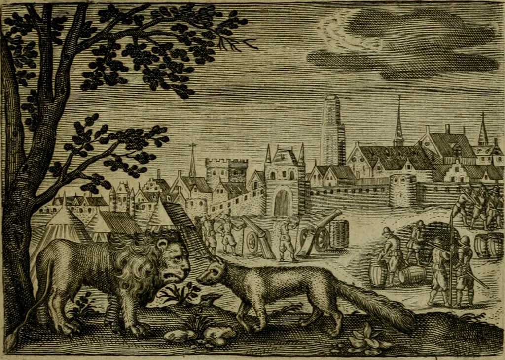 An illustration from Emblemata Florentii Schoonhovii I.C. Goudani, partim moralia, partim etiam civilia. Cum latiori eorundem ejusdem auctoris interpretatione. Accedunt et alia quaedam poëmatia in alijs poëmatum suorum libris non contenta, 1618, leaf 66