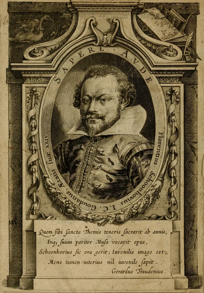An illustration from Emblemata Florentii Schoonhovii I.C. Goudani, partim moralia, partim etiam civilia. Cum latiori eorundem ejusdem auctoris interpretatione. Accedunt et alia quaedam poëmatia in alijs poëmatum suorum libris non contenta, 1618, leaf 9