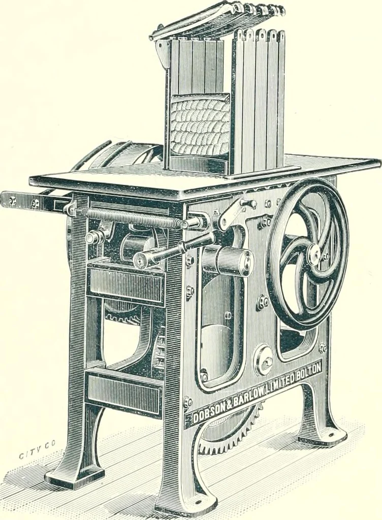 An illustration from Patentees and makers of machinery : on the latest and most approved principles for preparing, spinning & doubling, cotton, cotton waste, wool, worsted, silk, and bigonia yarns, 1900, leaf 141