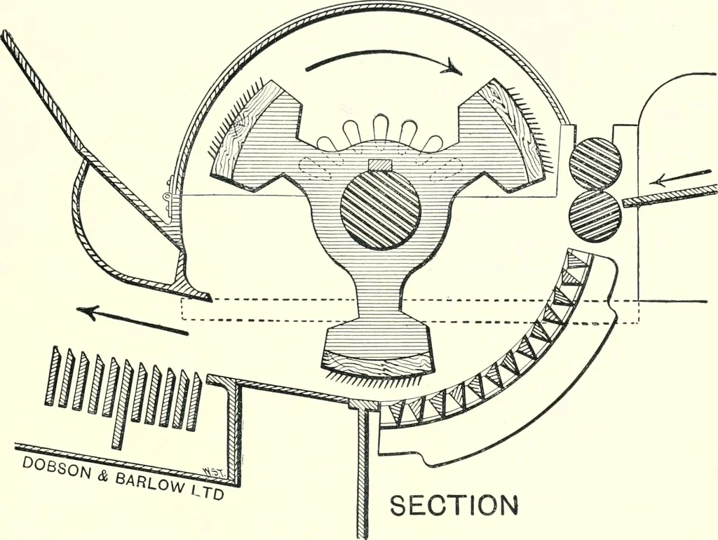 An illustration from Patentees and makers of machinery : on the latest and most approved principles for preparing, spinning & doubling, cotton, cotton waste, wool, worsted, silk, and bigonia yarns, 1900, leaf 36