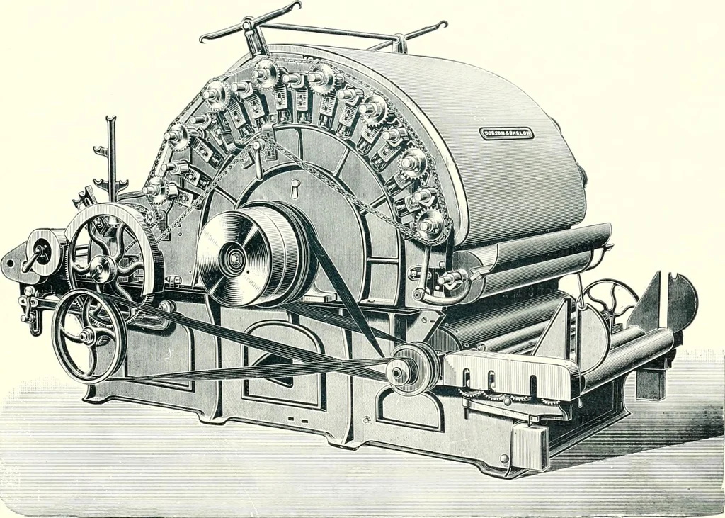 An illustration from Patentees and makers of machinery : on the latest and most approved principles for preparing, spinning & doubling, cotton, cotton waste, wool, worsted, silk, and bigonia yarns, 1900, leaf 56