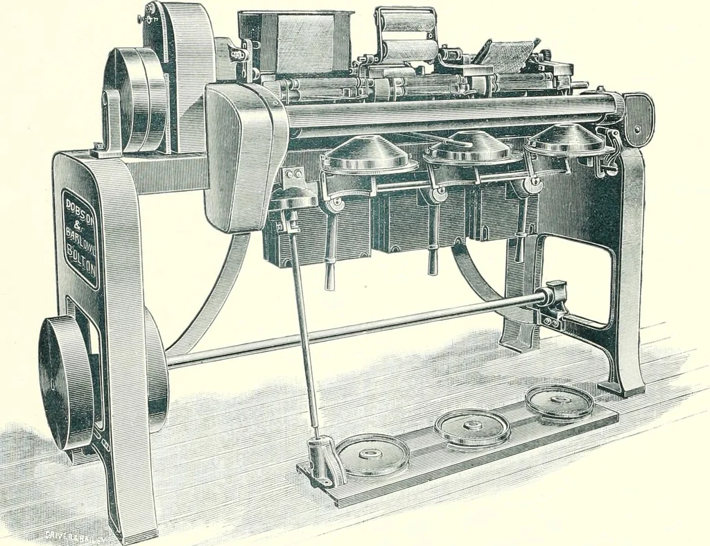An illustration from Patentees and makers of machinery : on the latest and most approved principles for preparing, spinning & doubling, cotton, cotton waste, wool, worsted, silk, and bigonia yarns, 1900, leaf 75