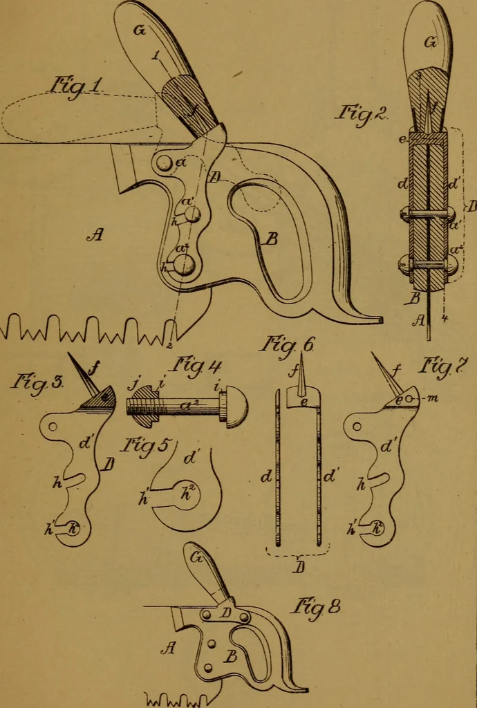 An illustration from Patent soliciting and United States court practice, with remarks concerning specifications and claims, drawings, official examination, appeals, reissues, searches and reports, court practice, interferences, foreign patents, etc, 1883, leaf 144