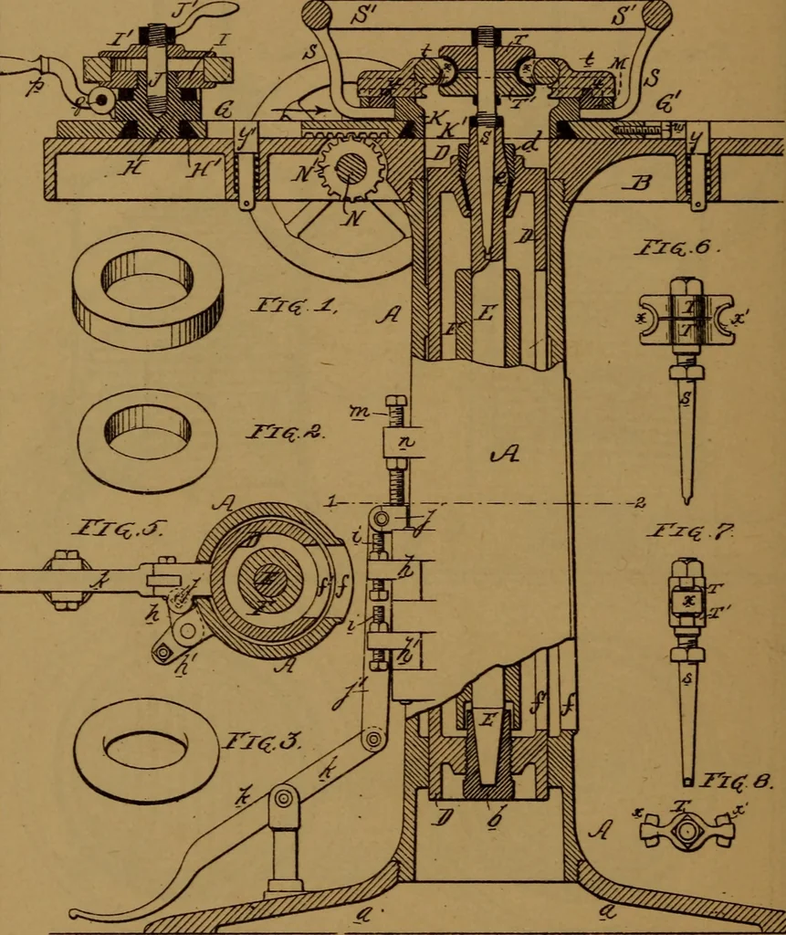 An illustration from Patent soliciting and United States court practice, with remarks concerning specifications and claims, drawings, official examination, appeals, reissues, searches and reports, court practice, interferences, foreign patents, etc, 1883, leaf 147