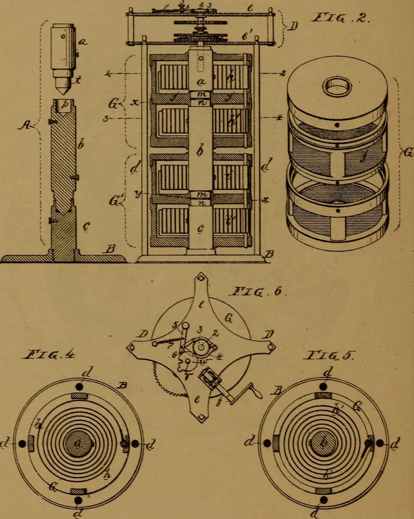 An illustration from Patent soliciting and United States court practice, with remarks concerning specifications and claims, drawings, official examination, appeals, reissues, searches and reports, court practice, interferences, foreign patents, etc, 1883, leaf 151