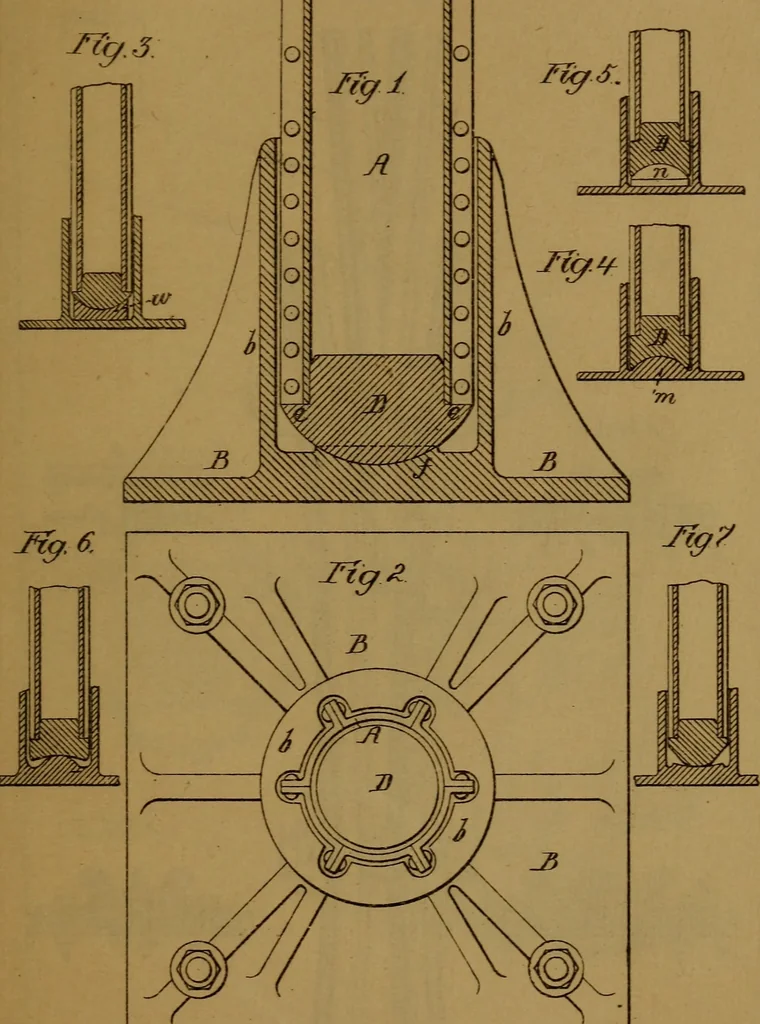 An illustration from Patent soliciting and United States court practice, with remarks concerning specifications and claims, drawings, official examination, appeals, reissues, searches and reports, court practice, interferences, foreign patents, etc, 1883, leaf 154