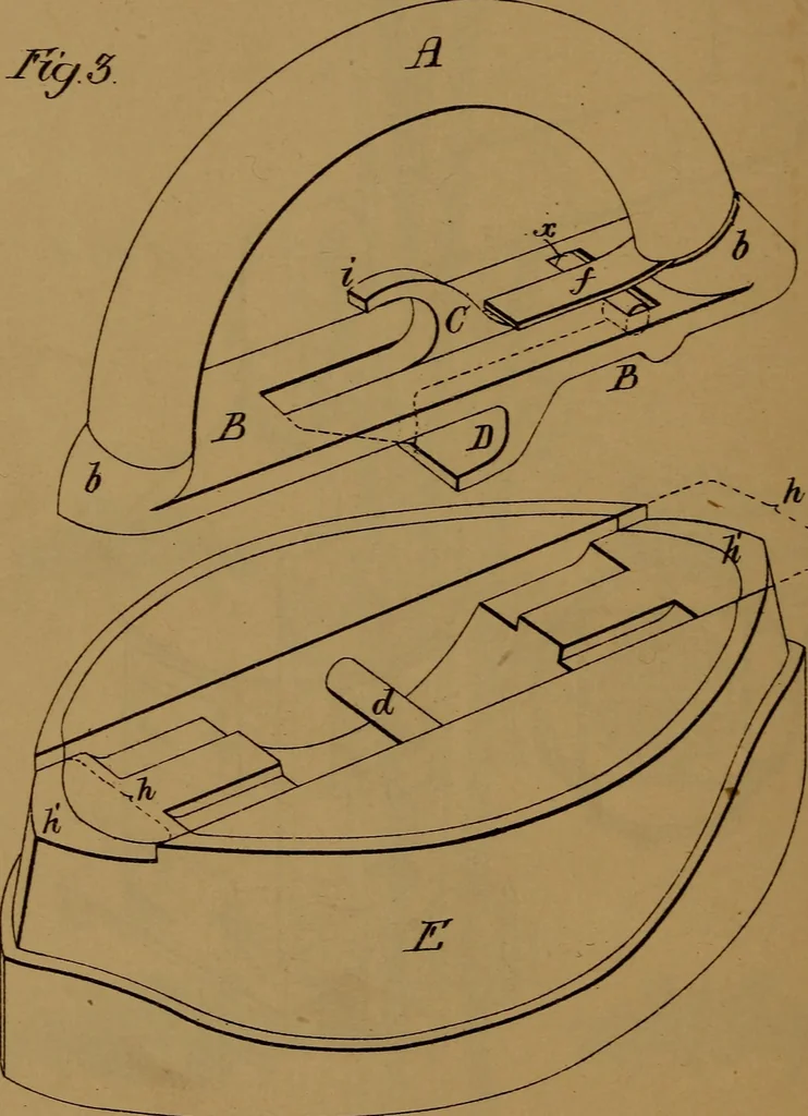An illustration from Patent soliciting and United States court practice, with remarks concerning specifications and claims, drawings, official examination, appeals, reissues, searches and reports, court practice, interferences, foreign patents, etc, 1883, leaf 157