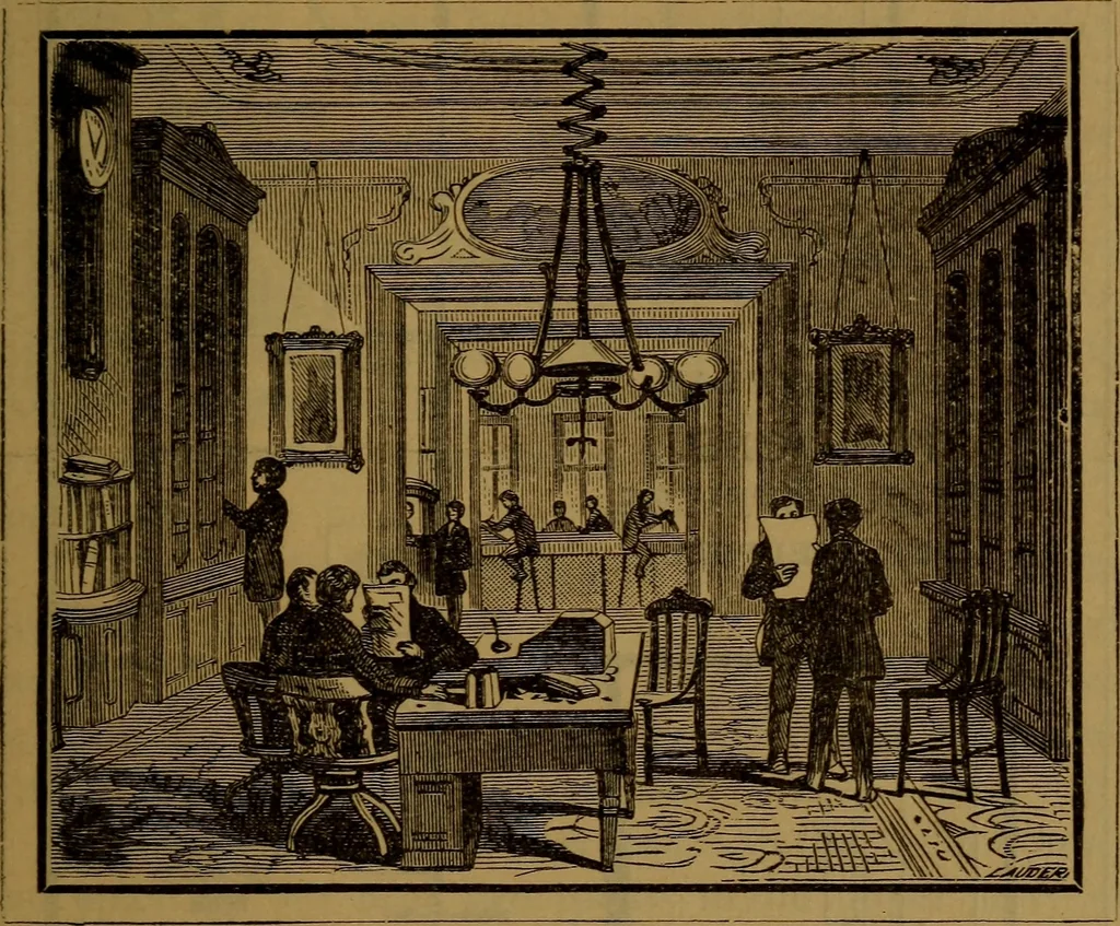 An illustration from Patent soliciting and United States court practice, with remarks concerning specifications and claims, drawings, official examination, appeals, reissues, searches and reports, court practice, interferences, foreign patents, etc, 1883, leaf 26