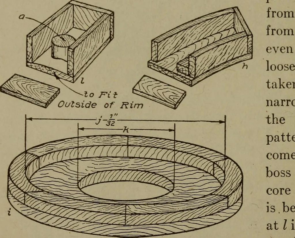 An illustration from Pattern making; a practical treatise for the pattern maker on wood-working and wood turning, tools and equipment, construction of simple and complicated patterns, modern molding machines and molding practice, 1916, leaf 75