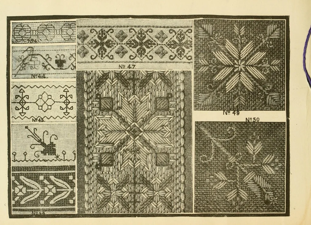 An illustration from Patterns for needle work, including the various kinds of embroidery, lace-work, etc., with diagrams showing the methods of making the various stitches, 1882, leaf 14