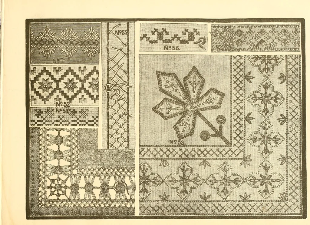 An illustration from Patterns for needle work, including the various kinds of embroidery, lace-work, etc., with diagrams showing the methods of making the various stitches, 1882, leaf 15