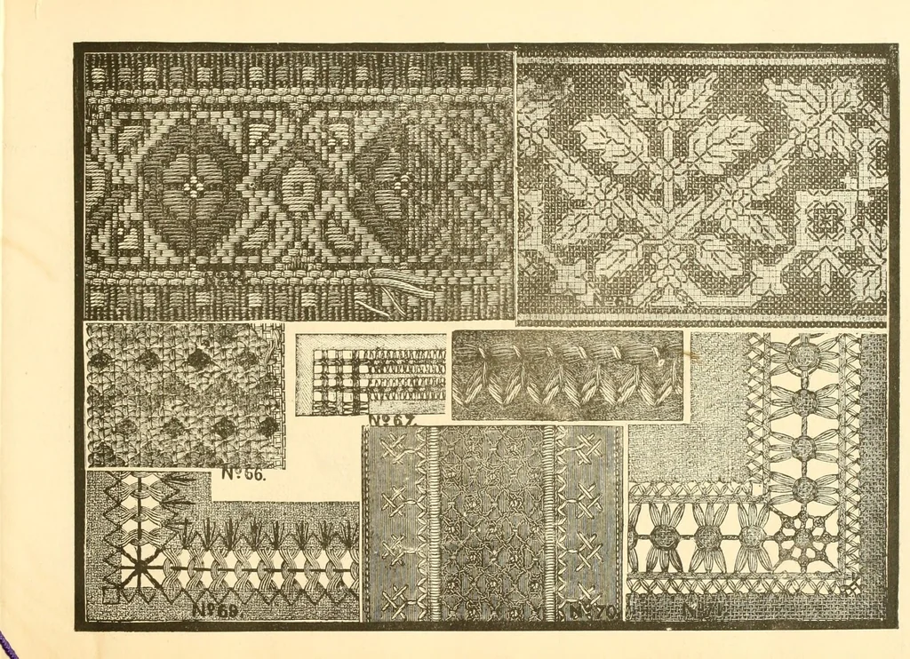 An illustration from Patterns for needle work, including the various kinds of embroidery, lace-work, etc., with diagrams showing the methods of making the various stitches, 1882, leaf 17