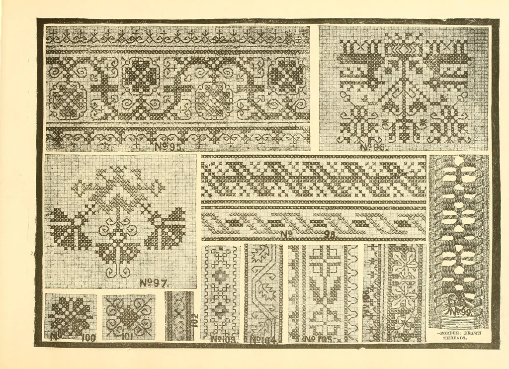 An illustration from Patterns for needle work, including the various kinds of embroidery, lace-work, etc., with diagrams showing the methods of making the various stitches, 1882, leaf 19