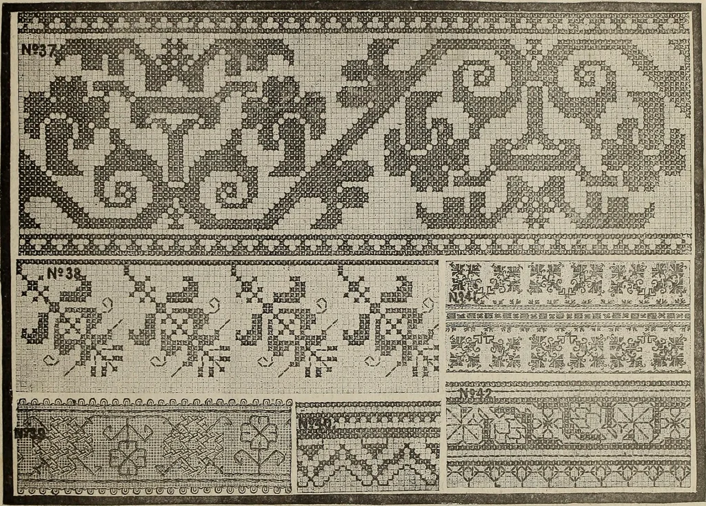 An illustration from Patterns for needle work : including the various kinds of embroidery, lacework, etc., with diagrams showing the methods of making the various stiches, 1882, leaf 6