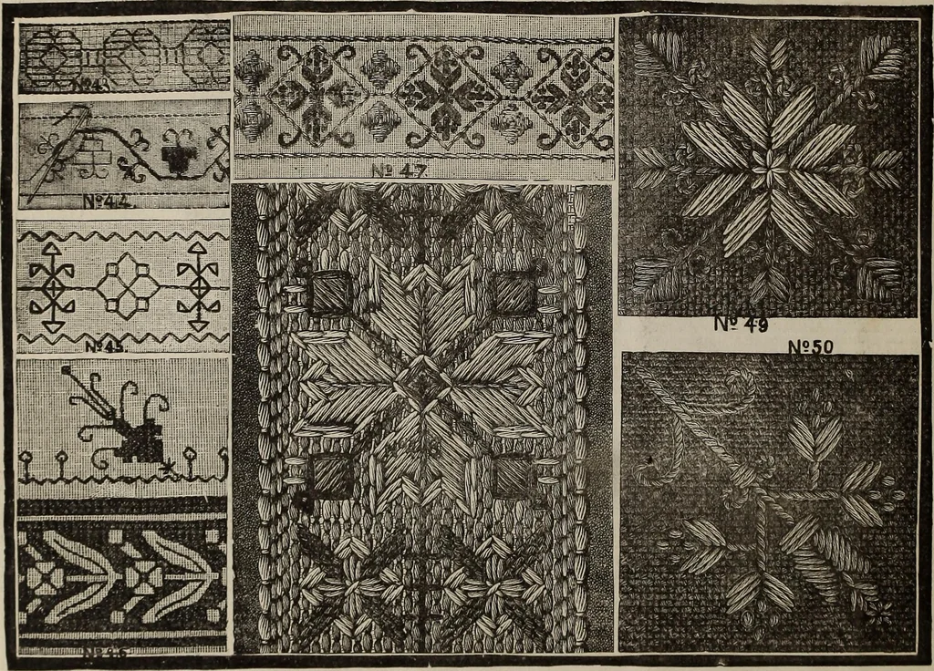 An illustration from Patterns for needle work : including the various kinds of embroidery, lacework, etc., with diagrams showing the methods of making the various stiches, 1882, leaf 7