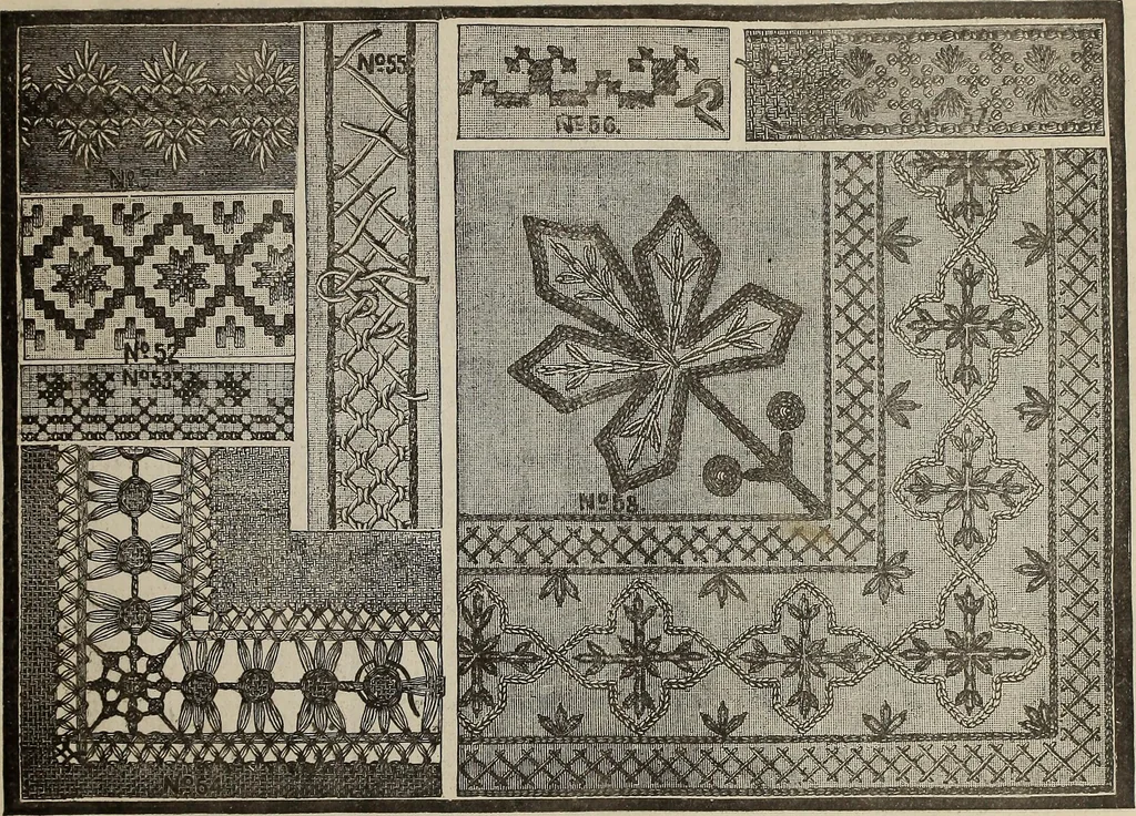 An illustration from Patterns for needle work : including the various kinds of embroidery, lacework, etc., with diagrams showing the methods of making the various stiches, 1882, leaf 8
