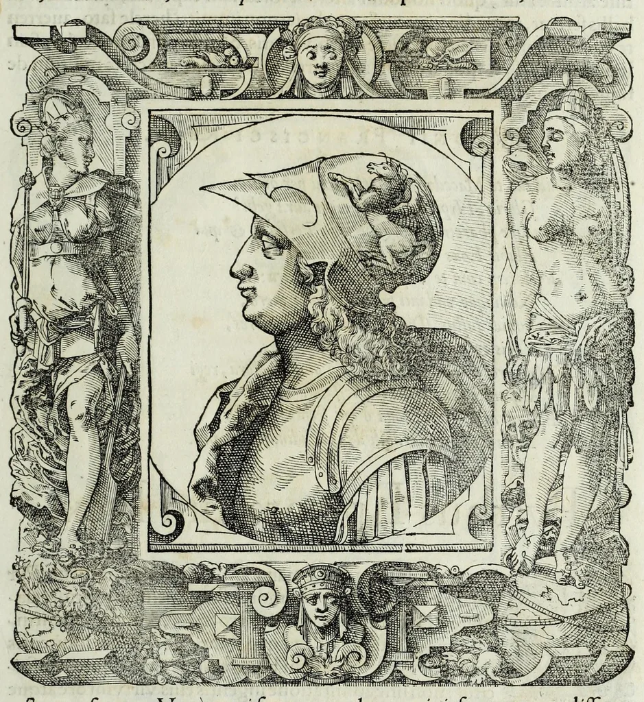 An illustration from Pavli Iovii novocomensis episcopi nvcerini Elogia virorum bellica virtute illustrium : septem libris iam olim ab authore comprehensa, et nunc ex eiusdem Mvsaeo ad viuum expressis imaginibus exornata, 1575, leaf 19