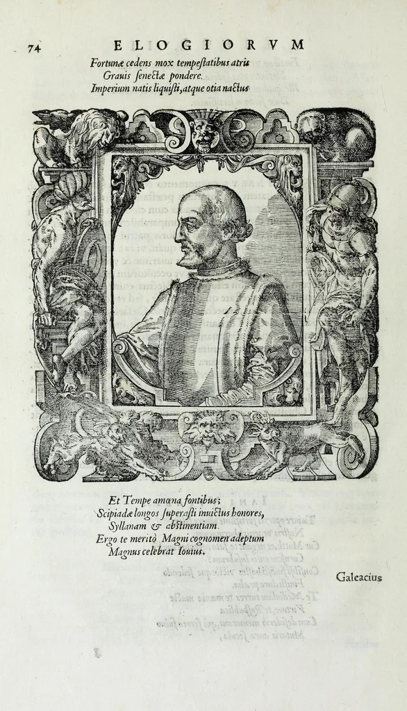 An illustration from Pavli Iovii novocomensis episcopi nvcerini Elogia virorum bellica virtute illustrium : septem libris iam olim ab authore comprehensa, et nunc ex eiusdem Mvsaeo ad viuum expressis imaginibus exornata, 1575, leaf 86