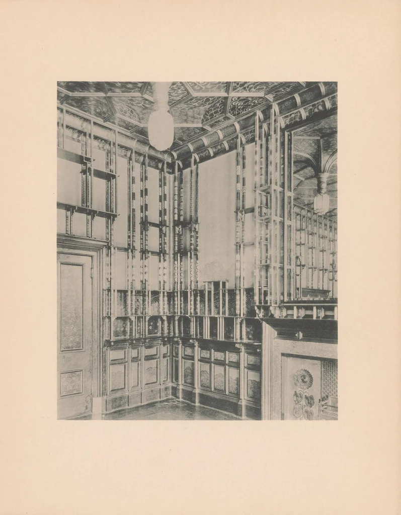 An illustration from The Peacock Room painted for Mr. F.R. Leyland by James McNeill Whistler, removed in its entirety from the late owner's residence & exhibited at Messrs. Obach's Galleries at 168 New Bond Street, London, W, 1904, leaf 3