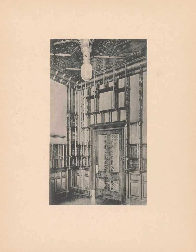An illustration from The Peacock Room painted for Mr. F.R. Leyland by James McNeill Whistler, removed in its entirety from the late owner's residence & exhibited at Messrs. Obach's Galleries at 168 New Bond Street, London, W, 1904, leaf 7