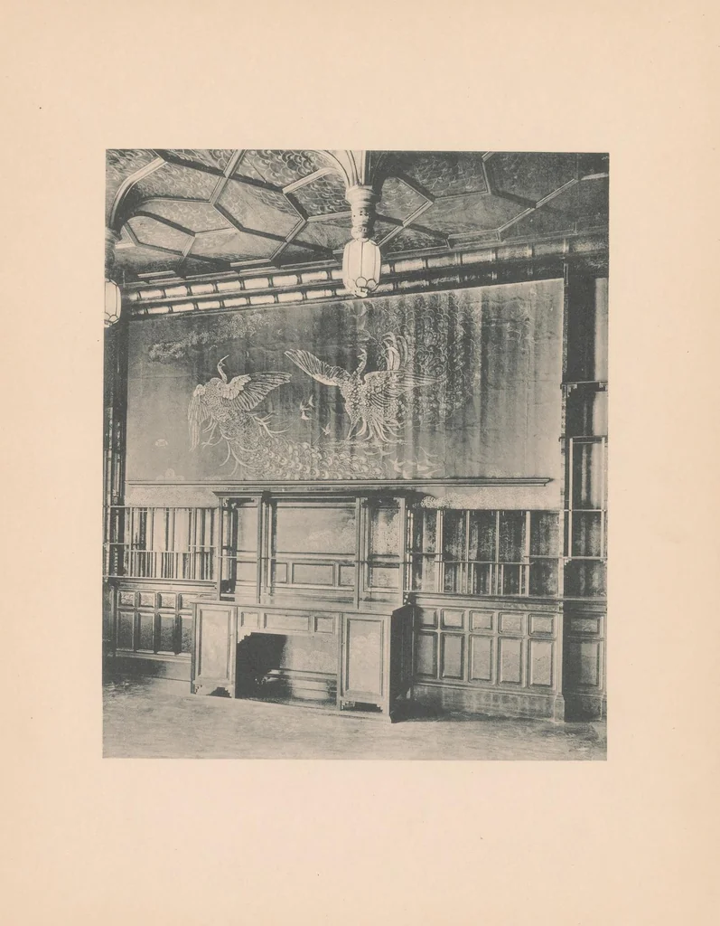 An illustration from The Peacock Room painted for Mr. F.R. Leyland by James McNeill Whistler, removed in its entirety from the late owner's residence & exhibited at Messrs. Obach's Galleries at 168 New Bond Street, London, W, 1904, leaf 9