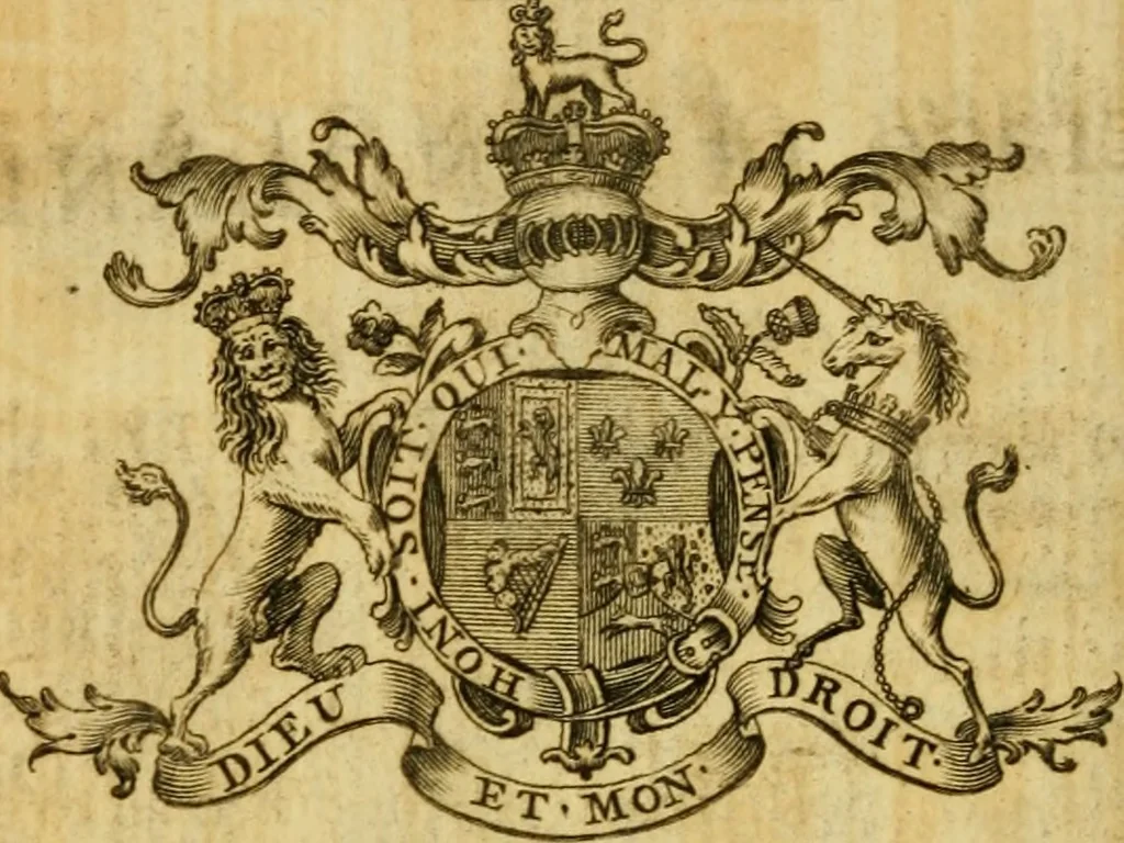 An illustration from The peerage of England : a complete view of the several orders of nobility ... together with an introduction, shewing the high and illustrious extraction of our most gracious sovereign: also an historical account of all the offices of state, usually filled by the nobility, the arms of the all the Lords spiritual and temporal, three useful plates teaching the art of heraldry, &c. &c. &c., 1766, leaf 39