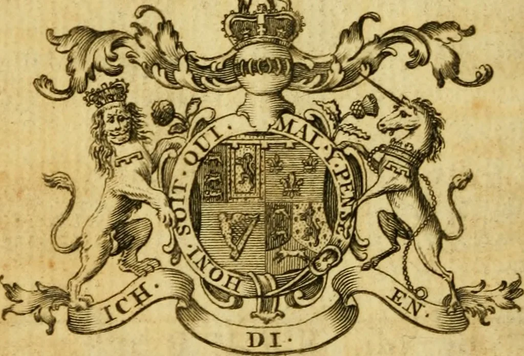 An illustration from The peerage of England : a complete view of the several orders of nobility ... together with an introduction, shewing the high and illustrious extraction of our most gracious sovereign: also an historical account of all the offices of state, usually filled by the nobility, the arms of the all the Lords spiritual and temporal, three useful plates teaching the art of heraldry, &c. &c. &c., 1766, leaf 39