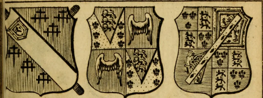 An illustration from The peerage of England : a complete view of the several orders of nobility ... together with an introduction, shewing the high and illustrious extraction of our most gracious sovereign: also an historical account of all the offices of state, usually filled by the nobility, the arms of the all the Lords spiritual and temporal, three useful plates teaching the art of heraldry, &c. &c. &c., 1766, leaf 42