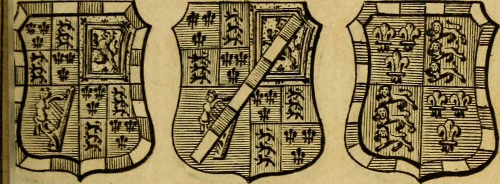 An illustration from The peerage of England : a complete view of the several orders of nobility ... together with an introduction, shewing the high and illustrious extraction of our most gracious sovereign: also an historical account of all the offices of state, usually filled by the nobility, the arms of the all the Lords spiritual and temporal, three useful plates teaching the art of heraldry, &c. &c. &c., 1766, leaf 42