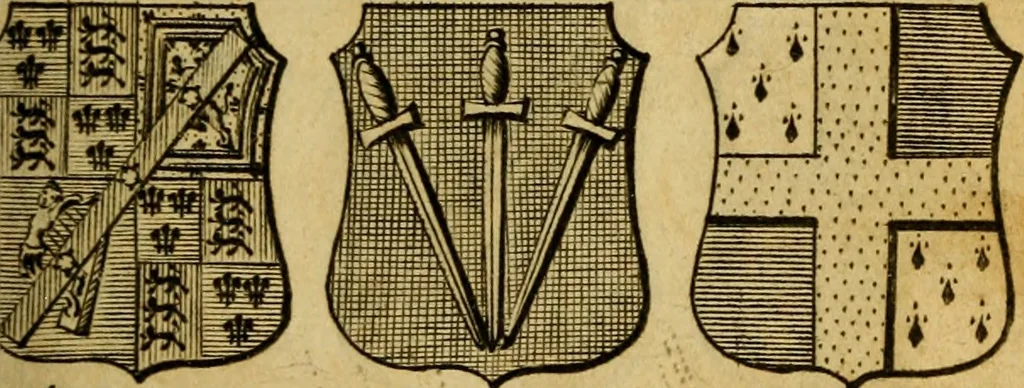 An illustration from The peerage of England : a complete view of the several orders of nobility ... together with an introduction, shewing the high and illustrious extraction of our most gracious sovereign: also an historical account of all the offices of state, usually filled by the nobility, the arms of the all the Lords spiritual and temporal, three useful plates teaching the art of heraldry, &c. &c. &c., 1766, leaf 42