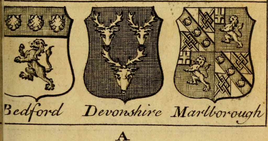 An illustration from The peerage of England : a complete view of the several orders of nobility ... together with an introduction, shewing the high and illustrious extraction of our most gracious sovereign: also an historical account of all the offices of state, usually filled by the nobility, the arms of the all the Lords spiritual and temporal, three useful plates teaching the art of heraldry, &c. &c. &c., 1766, leaf 42