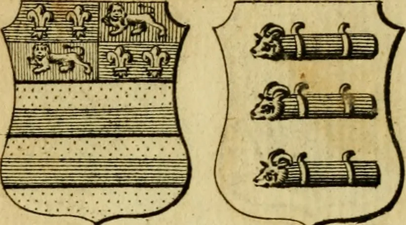 An illustration from The peerage of England : a complete view of the several orders of nobility ... together with an introduction, shewing the high and illustrious extraction of our most gracious sovereign: also an historical account of all the offices of state, usually filled by the nobility, the arms of the all the Lords spiritual and temporal, three useful plates teaching the art of heraldry, &c. &c. &c., 1766, leaf 43