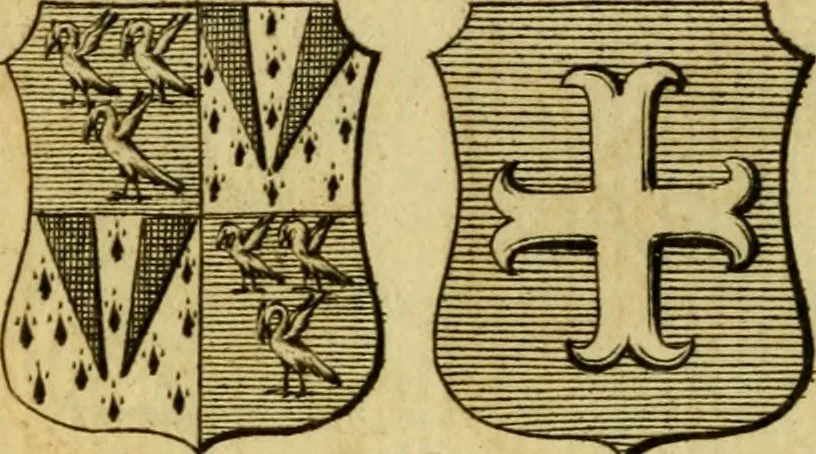An illustration from The peerage of England : a complete view of the several orders of nobility ... together with an introduction, shewing the high and illustrious extraction of our most gracious sovereign: also an historical account of all the offices of state, usually filled by the nobility, the arms of the all the Lords spiritual and temporal, three useful plates teaching the art of heraldry, &c. &c. &c., 1766, leaf 43