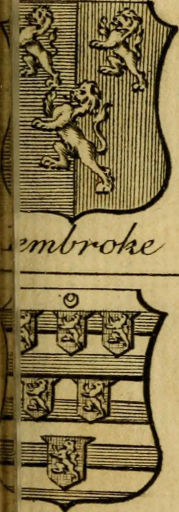 An illustration from The peerage of England : a complete view of the several orders of nobility ... together with an introduction, shewing the high and illustrious extraction of our most gracious sovereign: also an historical account of all the offices of state, usually filled by the nobility, the arms of the all the Lords spiritual and temporal, three useful plates teaching the art of heraldry, &c. &c. &c., 1766, leaf 44