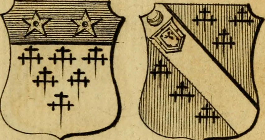 An illustration from The peerage of England : a complete view of the several orders of nobility ... together with an introduction, shewing the high and illustrious extraction of our most gracious sovereign: also an historical account of all the offices of state, usually filled by the nobility, the arms of the all the Lords spiritual and temporal, three useful plates teaching the art of heraldry, &c. &c. &c., 1766, leaf 44