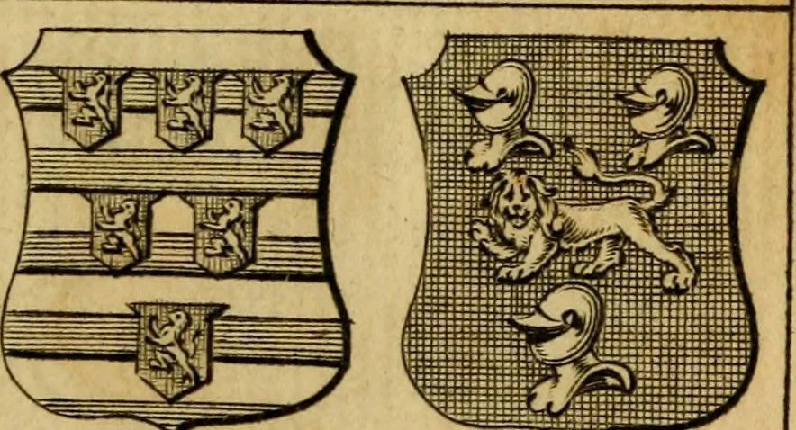 An illustration from The peerage of England : a complete view of the several orders of nobility ... together with an introduction, shewing the high and illustrious extraction of our most gracious sovereign: also an historical account of all the offices of state, usually filled by the nobility, the arms of the all the Lords spiritual and temporal, three useful plates teaching the art of heraldry, &c. &c. &c., 1766, leaf 44