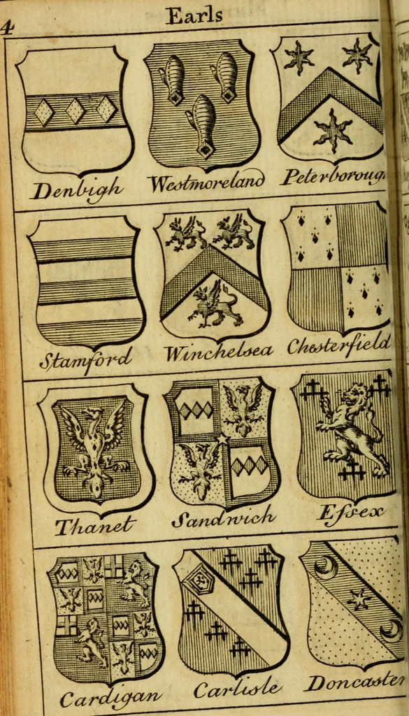 An illustration from The peerage of England : a complete view of the several orders of nobility ... together with an introduction, shewing the high and illustrious extraction of our most gracious sovereign: also an historical account of all the offices of state, usually filled by the nobility, the arms of the all the Lords spiritual and temporal, three useful plates teaching the art of heraldry, &c. &c. &c., 1766, leaf 45