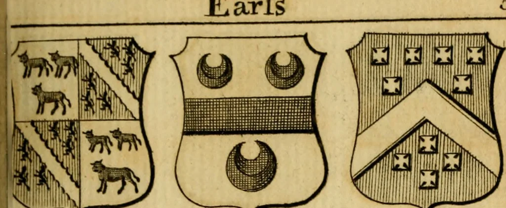 An illustration from The peerage of England : a complete view of the several orders of nobility ... together with an introduction, shewing the high and illustrious extraction of our most gracious sovereign: also an historical account of all the offices of state, usually filled by the nobility, the arms of the all the Lords spiritual and temporal, three useful plates teaching the art of heraldry, &c. &c. &c., 1766, leaf 46