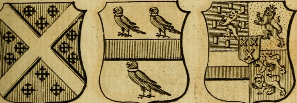 An illustration from The peerage of England : a complete view of the several orders of nobility ... together with an introduction, shewing the high and illustrious extraction of our most gracious sovereign: also an historical account of all the offices of state, usually filled by the nobility, the arms of the all the Lords spiritual and temporal, three useful plates teaching the art of heraldry, &c. &c. &c., 1766, leaf 46