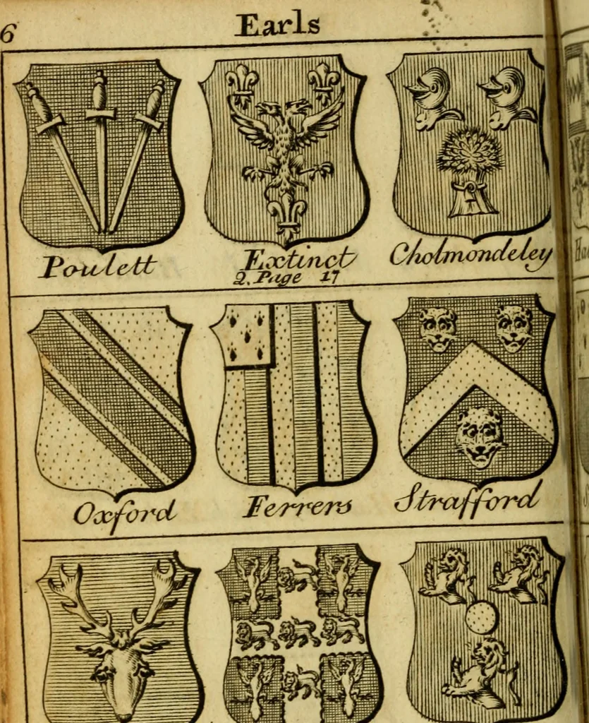 An illustration from The peerage of England : a complete view of the several orders of nobility ... together with an introduction, shewing the high and illustrious extraction of our most gracious sovereign: also an historical account of all the offices of state, usually filled by the nobility, the arms of the all the Lords spiritual and temporal, three useful plates teaching the art of heraldry, &c. &c. &c., 1766, leaf 47